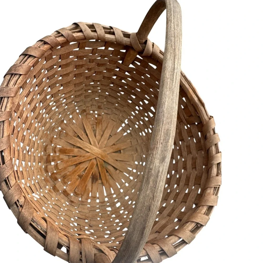 Vintage‎ Primitive Hand Woven Splint Wood Gathering Basket Fixed Handle Brown